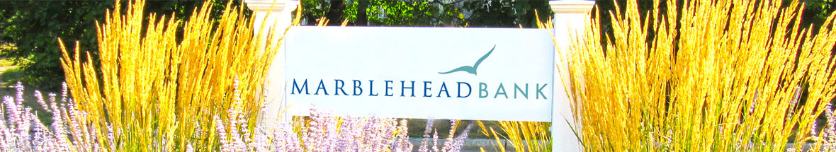 branch sign for Marblehead Bank with pleasant landscaping around it